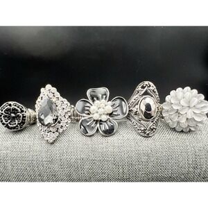 Silver Tone Stretch Ring Lot 5pc Floral Rhinestone Pearl Size 6-9 Goth